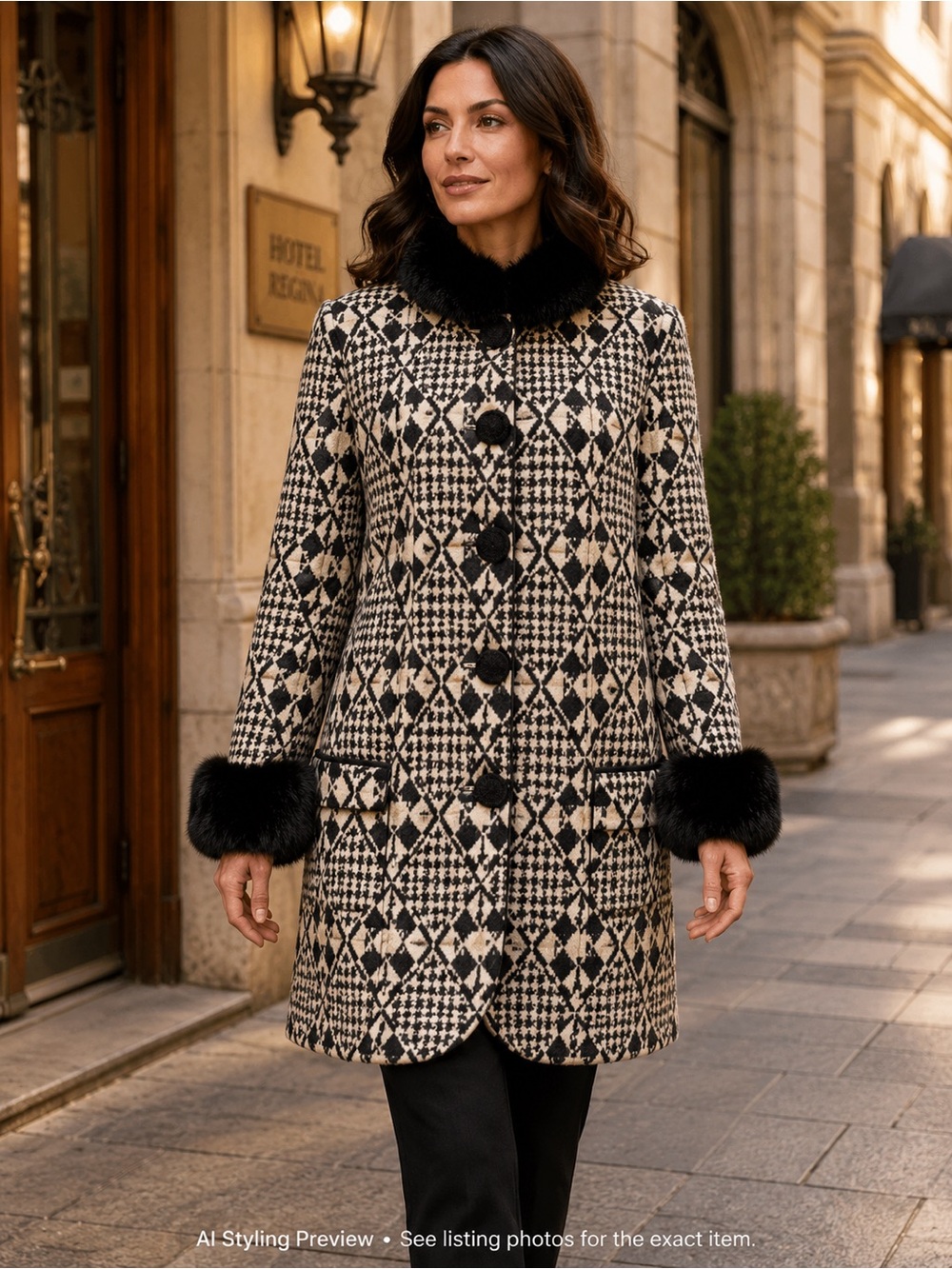 Lio Lo Italy Alpaca Wool Geometric Coat Rabbit Fur Trim M/L